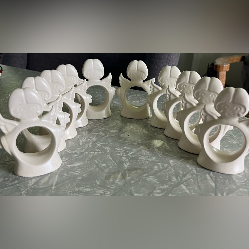 Vintage Angel Napkin Rings Ceramic Holders Set Of 10 Christmas Ivory White 3.5"